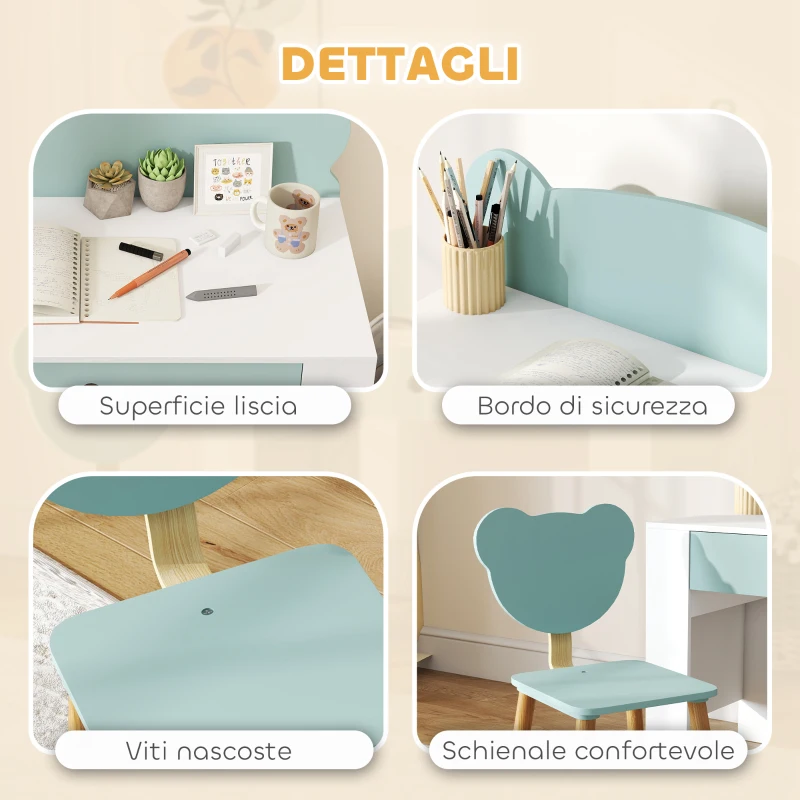 AIYAPLAY Set Scrivania per Bambini con Cassetto e Sedia con Schienale a Orsetto, Età 3-8 Anni, Verde