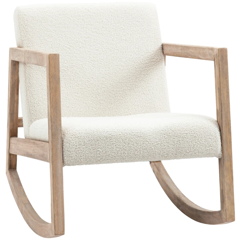 HOMCOM schommelstoel met houten frame, gestoffeerd, relaxstoel, fauteuil, woonkamerstoel, salon met gestoffeerde zitting, rubberhout, crème wit, 60 x 81 x 71 cm(m-11)