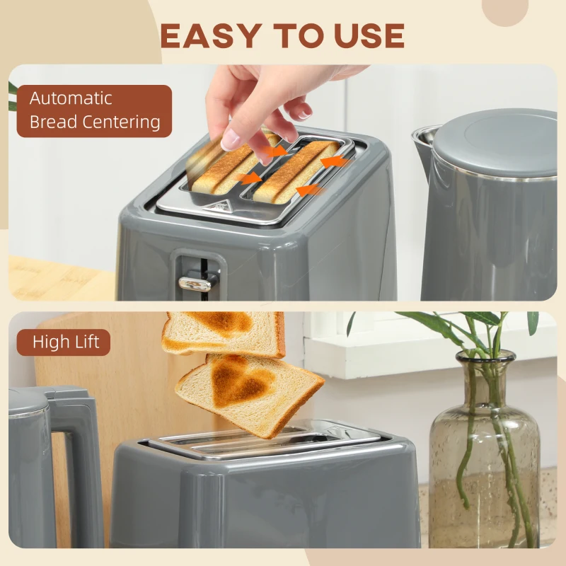 HOMCOM Digital Stainless Steel Kettle and Toaster Set, 1.5L 3000W Fast Boil Kettle, 2 Slice Toaster with 7 Level Browning Controls, Defrost, Reheat, Keep Warm, Crumb Tray and LED Touch Display, Grey