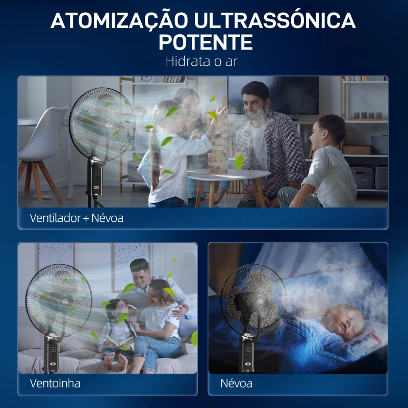 HOMCOM Ventoinha de Pé com Nebulizador 75 W Temporizador Depósito 3,2L Controlo Remoto 3 Velocidades 3 Hélices e Ecrã LED Ø44,5 cm Preto