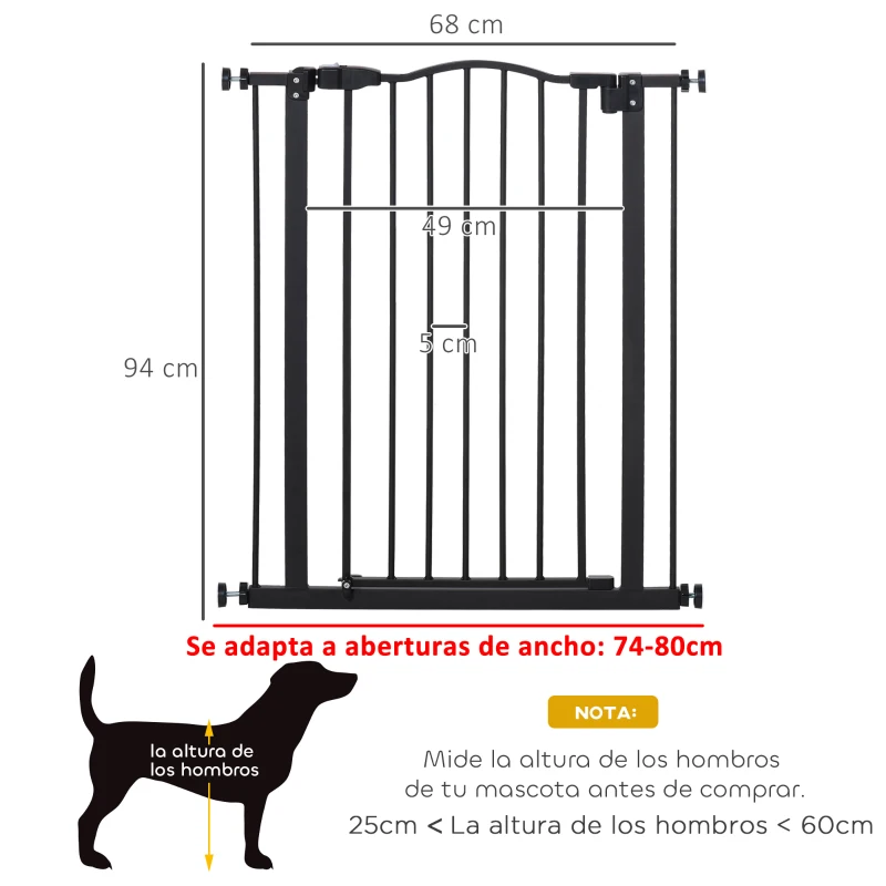 PawHut Barrera de Seguridad para Perros 74-80 cm con 2 Extensiones Montaje a Presión Doble Bloqueo para Puerta Escalera Negro
