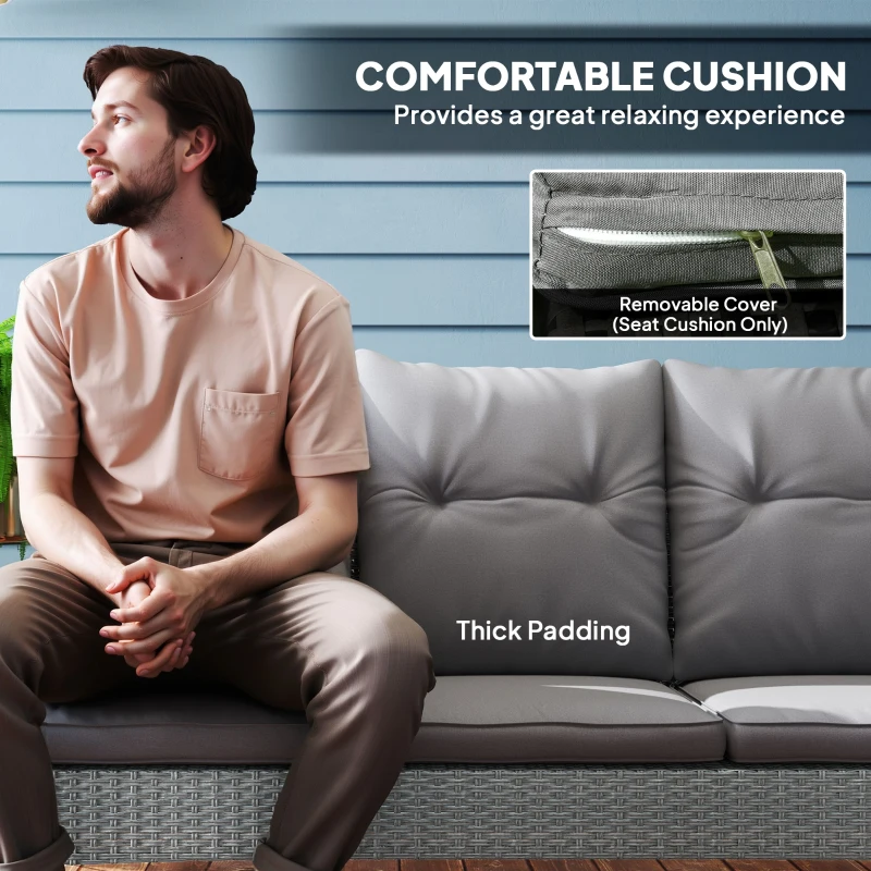 Outsunny 5 Seater Rattan Garden Furniture Set, 2 Armchairs, 3-Seater Wicker Sofa, 2 Footstools and Glass Table, 6 Piece Patio Rattan furniture Sofa Sets with Cushions for Conservatory, Grey