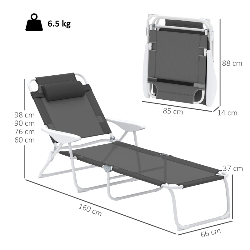 Outsunny Foldable Lounge Chair with 4-Level Adjustable Backrest & Headrest - Charcoal Grey