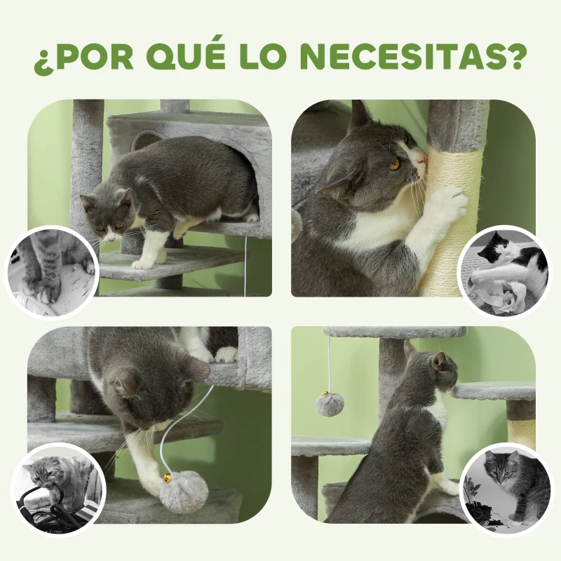 PawHut Rascador para Gatos Altura 138 cm Árbol para Gatos con Múltiples Niveles Cuevas Bolas Colgantes y Hamacas Gris Claro
