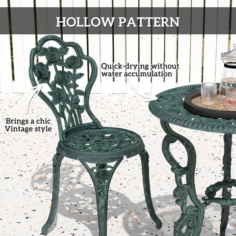 Outsunny Set 3 Pezzi Stile Vintage, Tavolo e 2 Sedie da Giardino, con Decorazioni Floreali, in Alluminio, Verde Antico