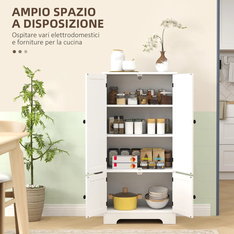 HOMCOM Mobile Credenza da Cucina a 4 Ante con 2 Armadietti e Ripiano Regolabile, 58.2x30x123 cm, Bianco