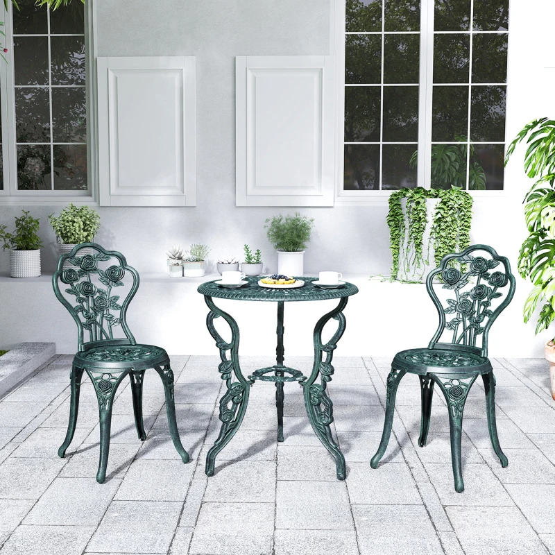 Outsunny Set 3 Pezzi Stile Vintage, Tavolo e 2 Sedie da Giardino, con Decorazioni Floreali, in Alluminio, Verde Antico