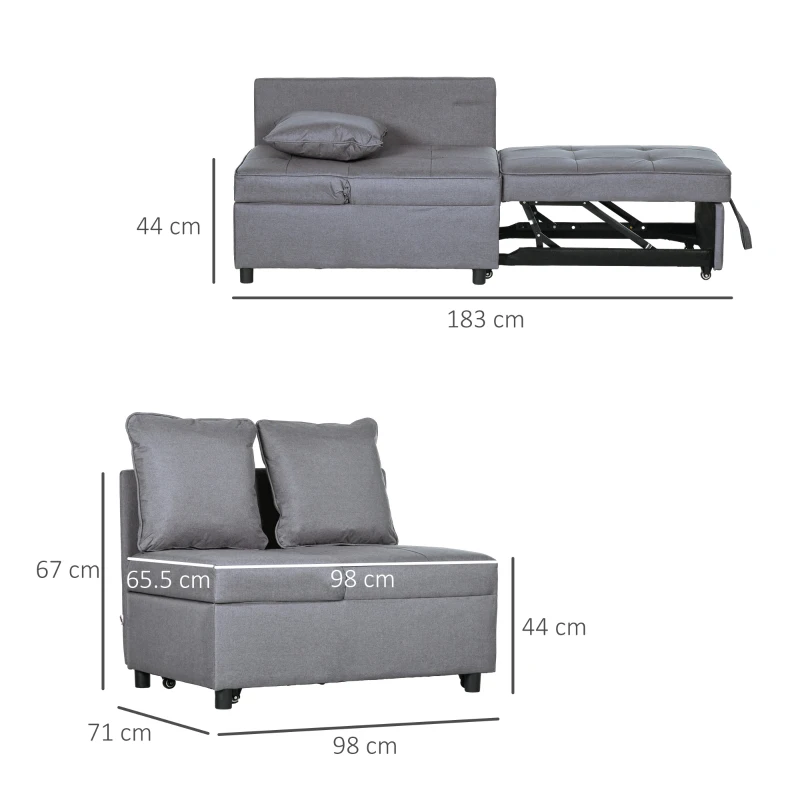 HOMCOM Fotoliu Pat 3 în 1 cu Spătar Reglabil în 5 Poziții și Perne, Canapea Pat, 98x69x65 cm, Gri Închis(m-3)
