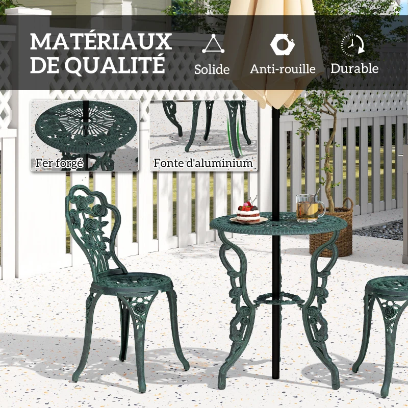 Outsunny Ensemble Salon de Jardin 2 Places 2 chaises + Table Ronde Style néo-rétro Motif Rose Lignes fuselées Fonte d'aluminium Vert Vieilli