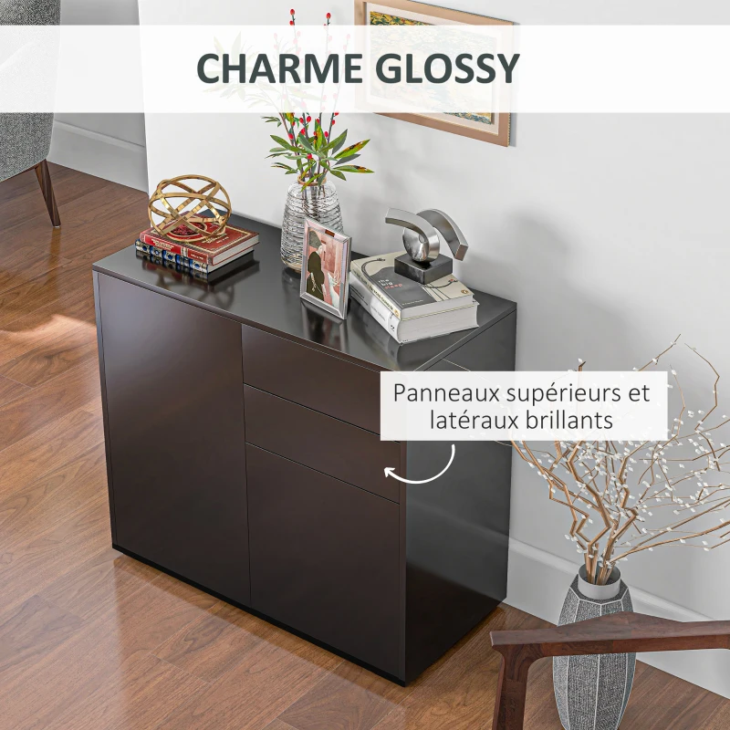 HOMCOM Commode Buffet Meuble de Rangement 2 tiroirs 2 Portes avec étagère 79 x 36 x 74 cm noir brillant