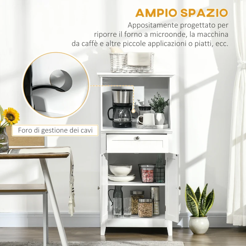 HOMCOM Mobile Cucina per Microonde con Cassetto e Armadietto 2 Ante, 60x40x122.5 cm, Bianco