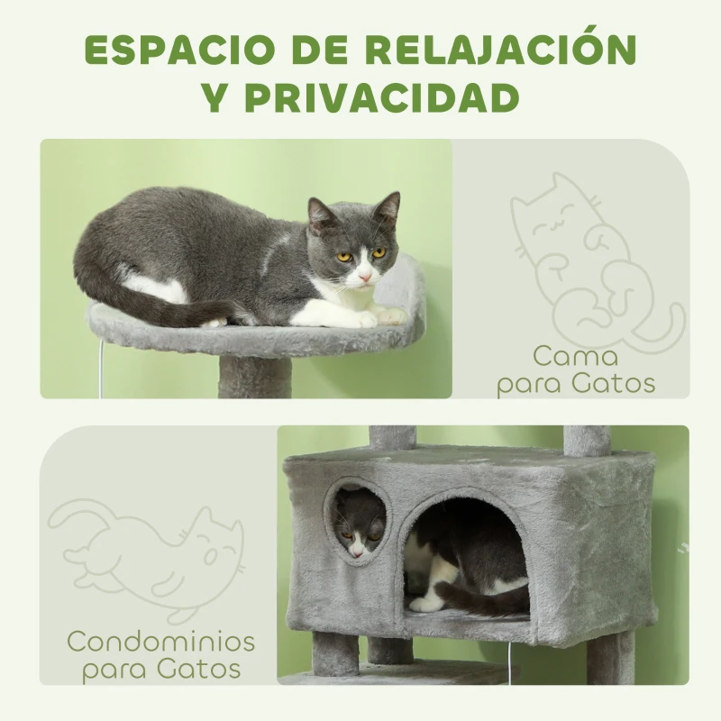 PawHut Rascador para Gatos Altura 138 cm Árbol para Gatos con Múltiples Niveles Cuevas Bolas Colgantes y Hamacas Gris Claro