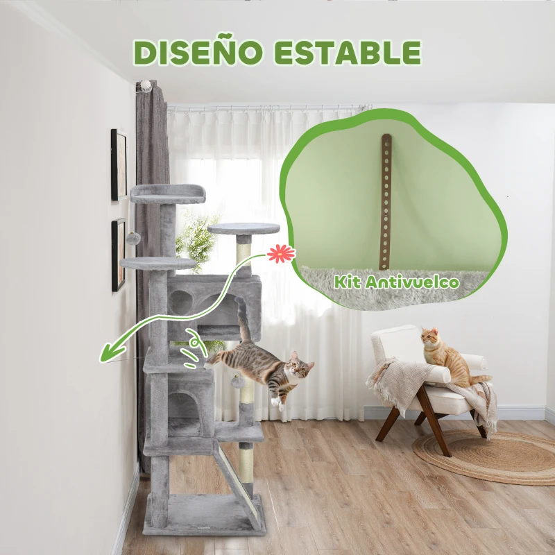 PawHut Rascador para Gatos Altura 138 cm Árbol para Gatos con Múltiples Niveles Cuevas Bolas Colgantes y Hamacas Gris Claro