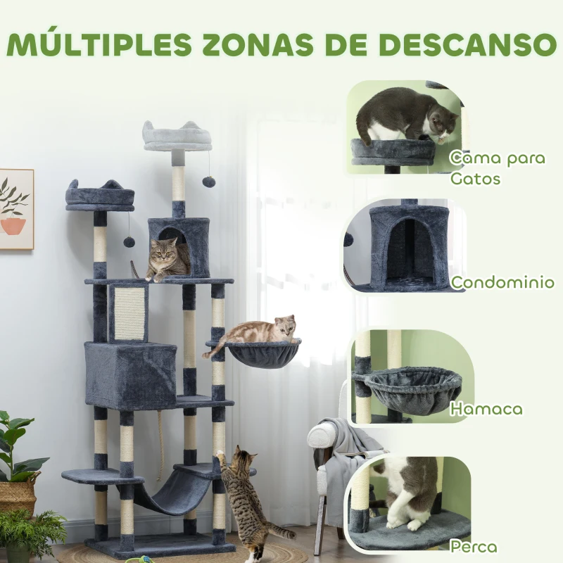 PawHut Árbol Rascador para Gatos Grande Altura 206 cm con Múltiples Niveles Cuevas Bolas Colgantes y Hamacas Gris Oscuro