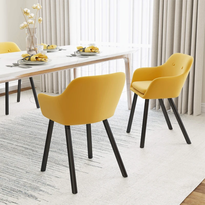 HOMCOM Set di 2 Sedie per Sala da Pranzo con Braccioli Imbottite e in Velluto, 54x56x74cm, Giallo
