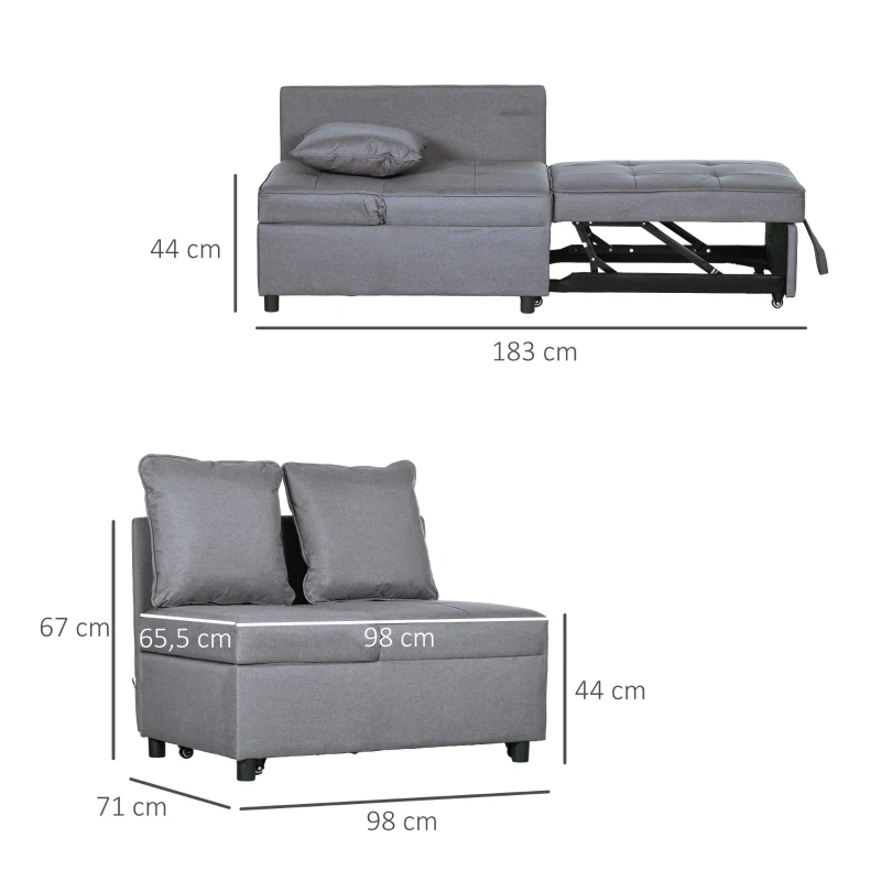 HOMCOM Banquette fauteuil chauffeuse convertible en lit d'appoint 1 place dossier inclinable 5 positions avec 2 coussins gris