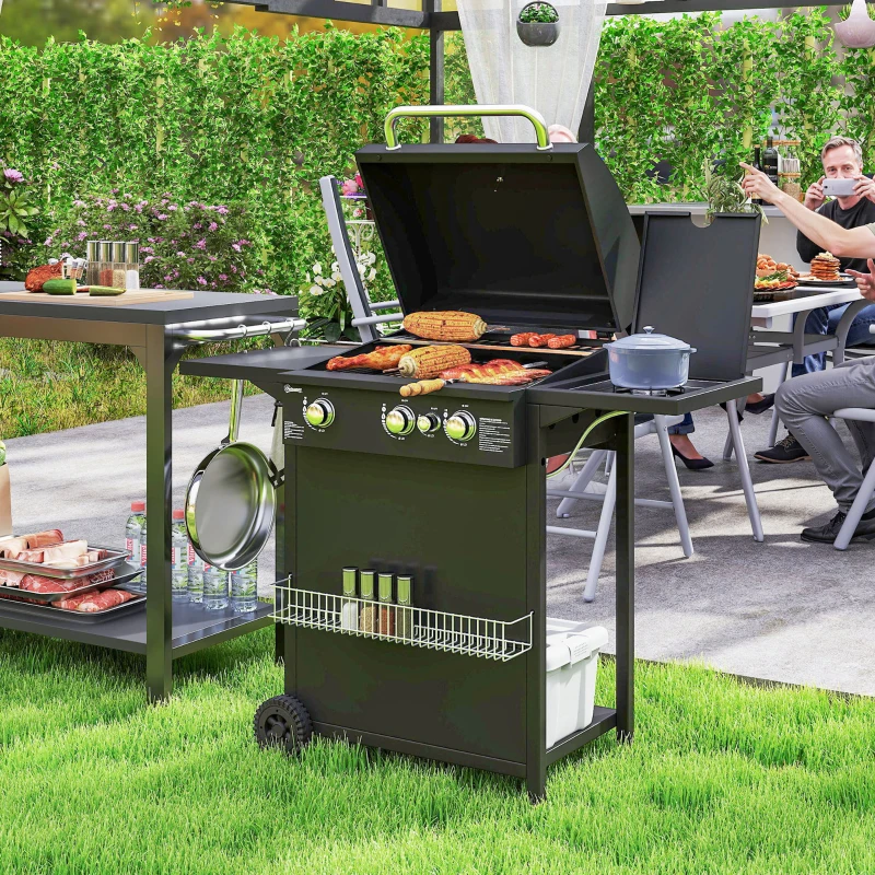 Outsunny Barbacoa de Gas con 3 Quemadores Parrilla para 5-9 Personas Quemador Lateral Termómetro y Ruedas 123x57x98 cm Negro