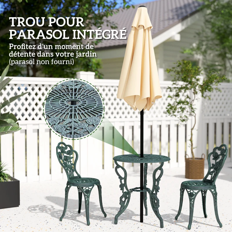 Outsunny Ensemble Salon de Jardin 2 Places 2 chaises + Table Ronde Style néo-rétro Motif Rose Lignes fuselées Fonte d'aluminium Vert Vieilli