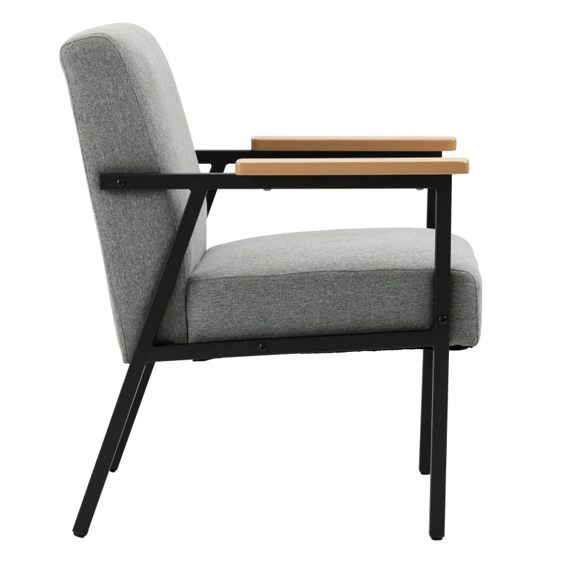 HOMCOM Akzentsessel im Skandidesign, Ruhesessel ,Akzentstuhl, Leinenoptik, Kautschukholz, Grau + Schwarz + Braun