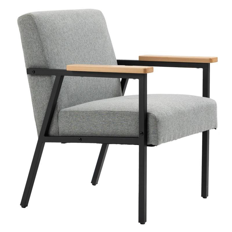 HOMCOM Akzentsessel im Skandidesign, Ruhesessel ,Akzentstuhl, Leinenoptik, Kautschukholz, Grau + Schwarz + Braun