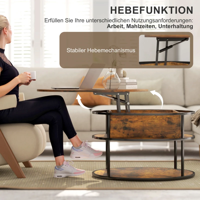 HOMCOM Runder Kaffeetisch mit anhebbarer Tischplatte, Stauraum, seitliche Regale, Stahlrahmen, Couchtisch, Braun(m-4)