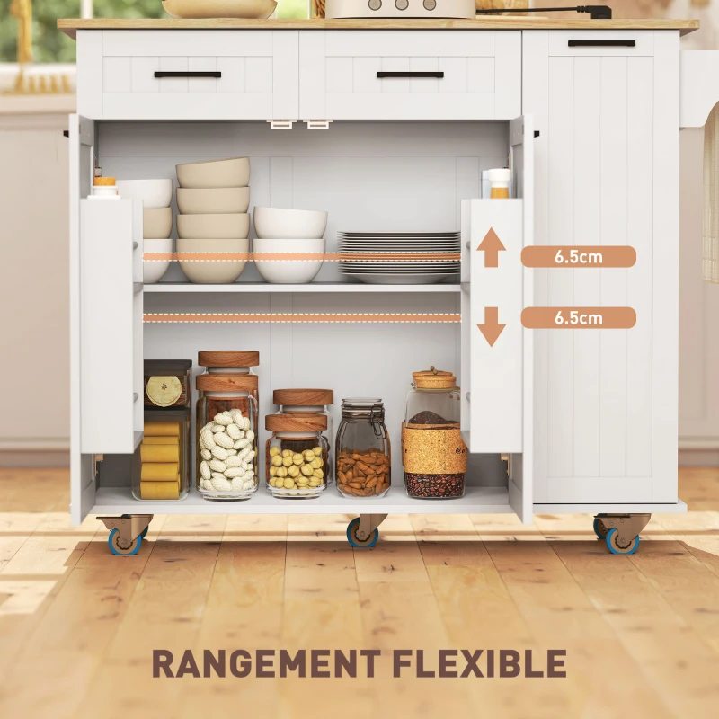 HOMCOM Îlot central cuisine mobile avec prise de courant et port USB, tablette à abattant, étagère réglable blanc(m-7)