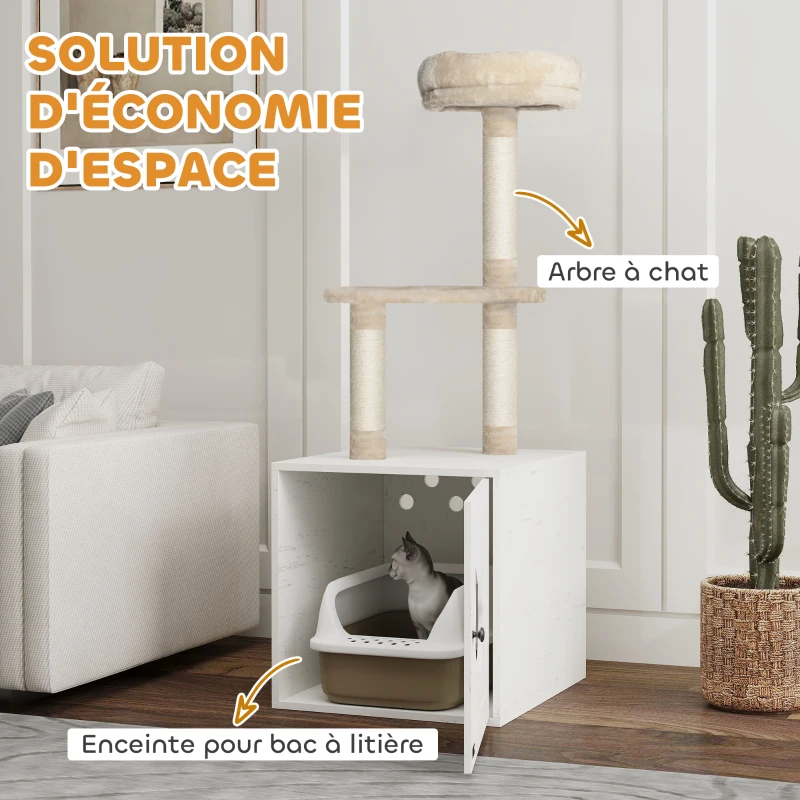 PawHut Arbre à chat avec maison de toilettes, tour de jeu 2-en-1 de 129 cm avec cache-litière, poteaux à griffer, crème