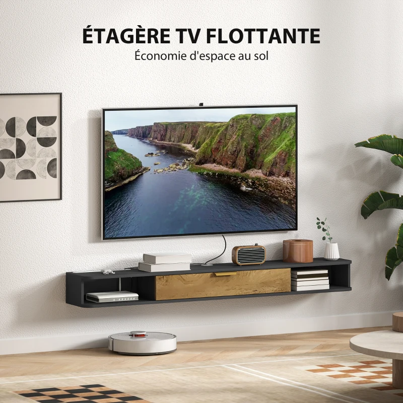 HOMCOM Meuble TV suspendu avec compartiments ouverts, porte rabattable et passe-câbles, 160 x 24 x 16 cm, gris