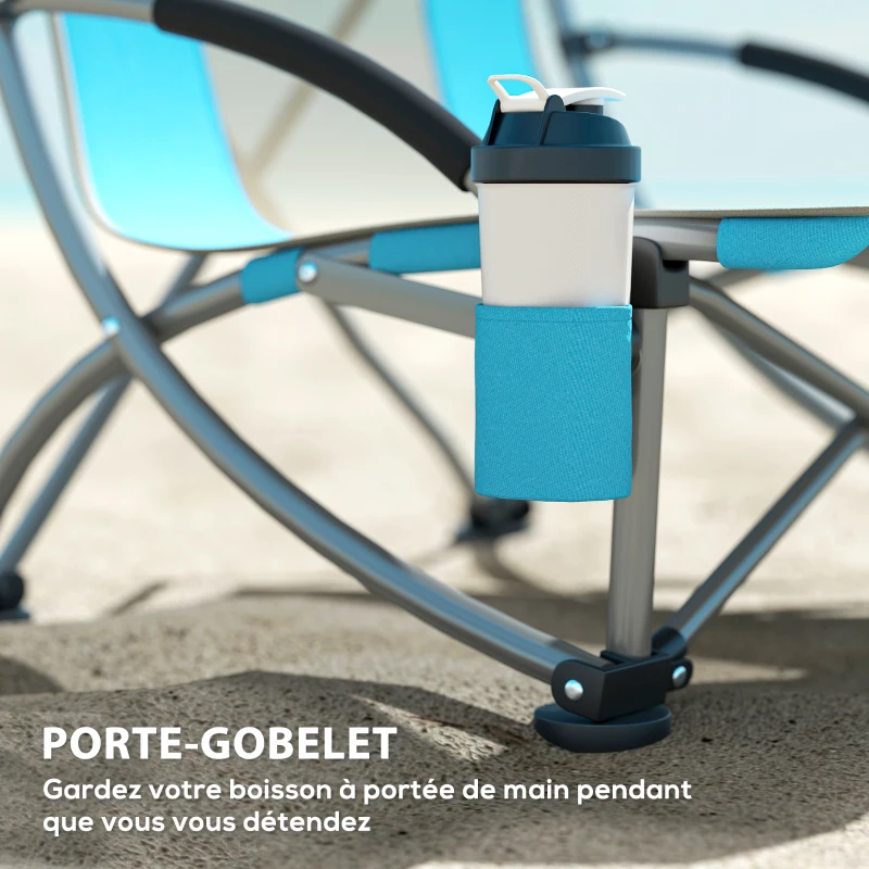 Outsunny Lot de 2 chaises de plage pliable chaises camping pliante légère sac de transport porte-gobelet 70 x 58 x 79 cm bleu