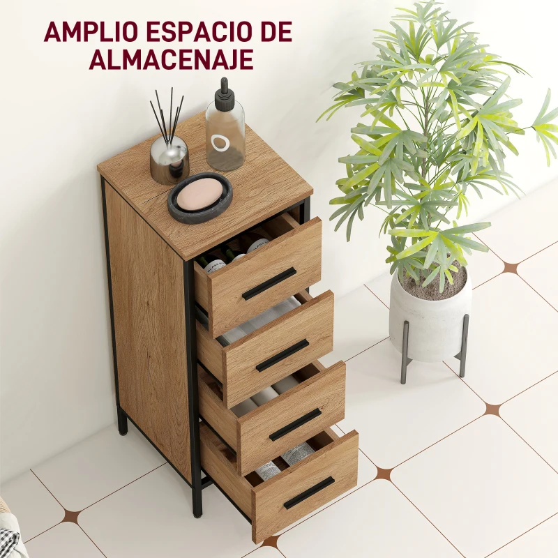 HOMCOM Armario de Baño Mueble de Baño Estrecho Cajonera con 4 Cajones y Estructura de Acero 30x30x82 cm Roble