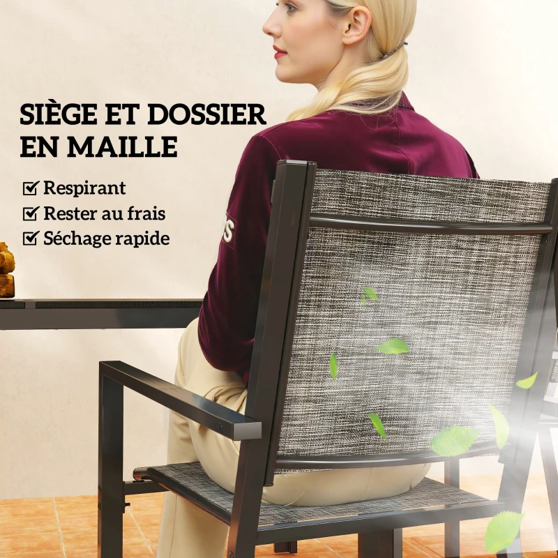 Outsunny Table de jardin extérieure avec 6 chaises empilables, plateau à lattes 150 cm, structure en acier anti-rouille, noir