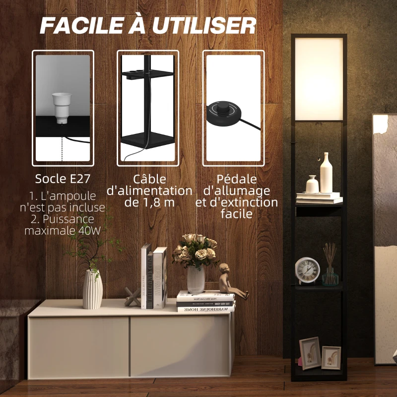 HOMCOM Lampadaire avec étagères moderne à LED avec port USB A+C, interrupteur à pied pour salon, chambre, bureau, noir