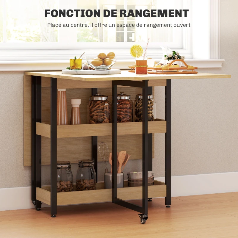 HOMCOM Table à manger pliante sur roulettes 4 personnes avec compartiments ouverts, pour petits espaces, salle à manger, chêne