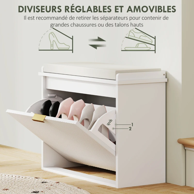 HOMCOM Banc à chaussures avec coussin d'assise rembourré et tiroir rabattable pour couloir, chambre, 62 x 26 x 47,5 cm, blanc(m-6)
