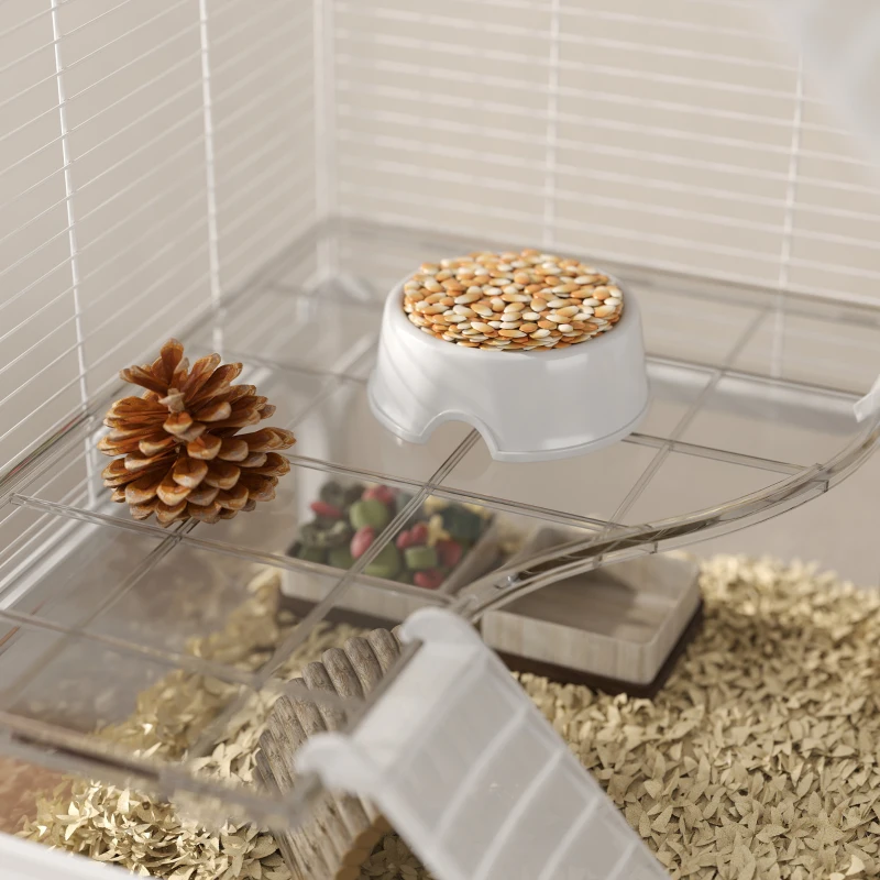 PawHut Jaula para Animales Pequeños de 4 Niveles con Ruedas Bandeja Profunda Rampas Plataformas y Comedero 73x47x123 cm Blanco