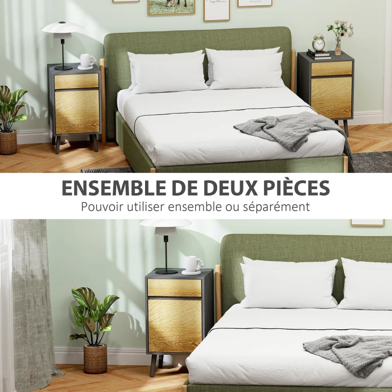 HOMCOM Lot de 2 tables de chevet table de nuit avec tiroirs et placard, style moderne, 40 x 39 x 69 cm, gris foncé