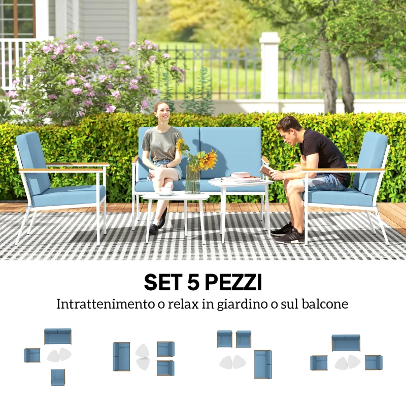 Outsunny Set da Esterno con Divano 2 Posti, 2 Poltrone e 2 Tavolini da Caffè in Vetro, Azzurro