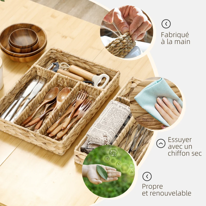 HOMCOM Panier de rangement tressé en jacinthe d'eau avec 4 compartiments, pour salle de bain, chambre à coucher, naturel