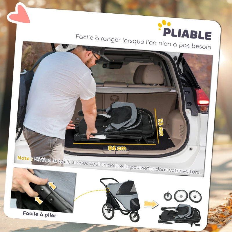 PawHut Poussette pour chien 3 roues avec pliage facile, sac de rangement, coussin souple, laisse de sécurité, gris