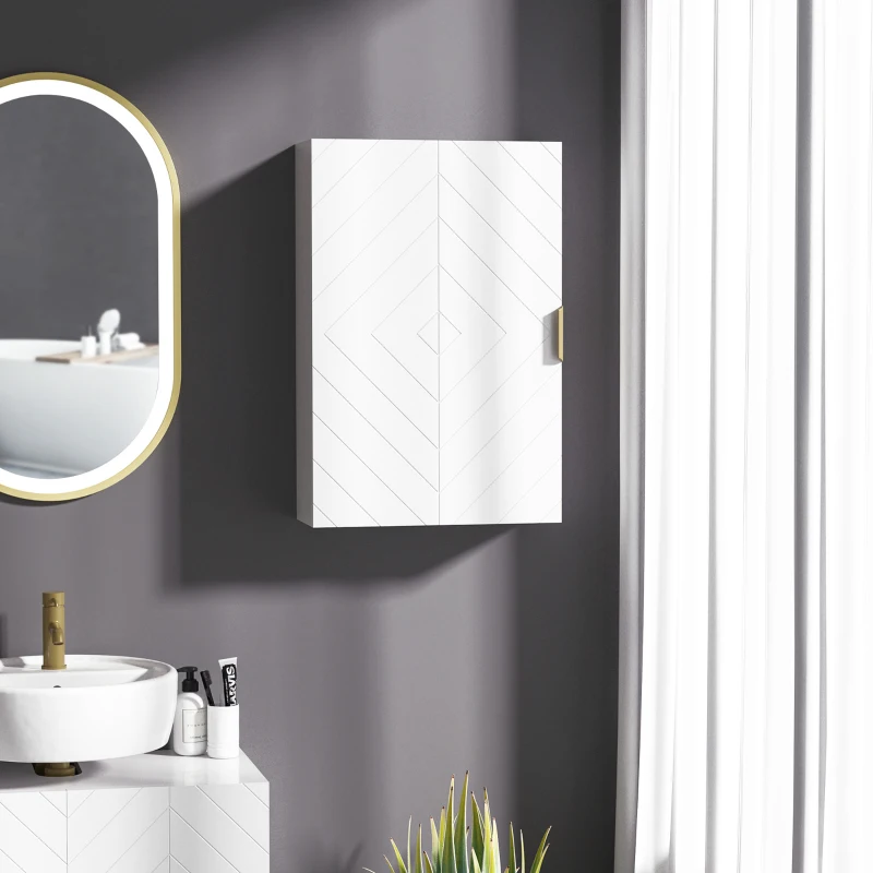 kleanking Armadietto Bagno a Muro con Anta Decorata, Maniglia Dorata e Ripiani Regolabili, 40x15x60 cm, Bianco
