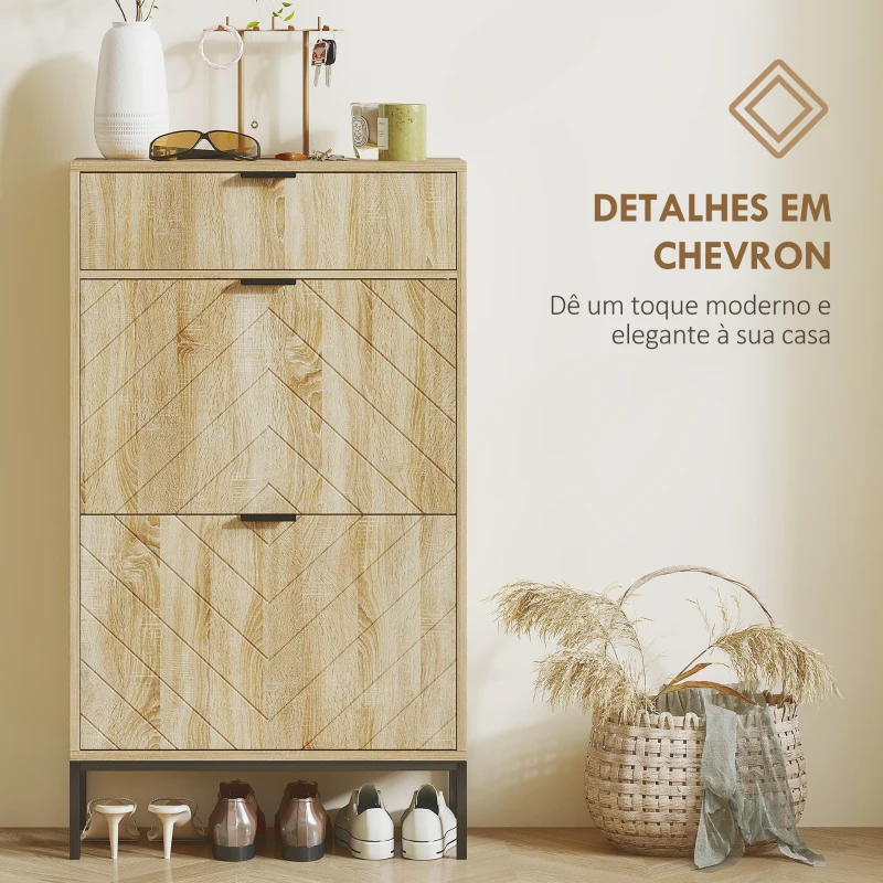 HOMCOM Sapateira Estreita com 2 Portas Gaveta e Prateleiras Ajustáveis para 8 Pares de Sapatos 60x24x105,5 cm Madeira