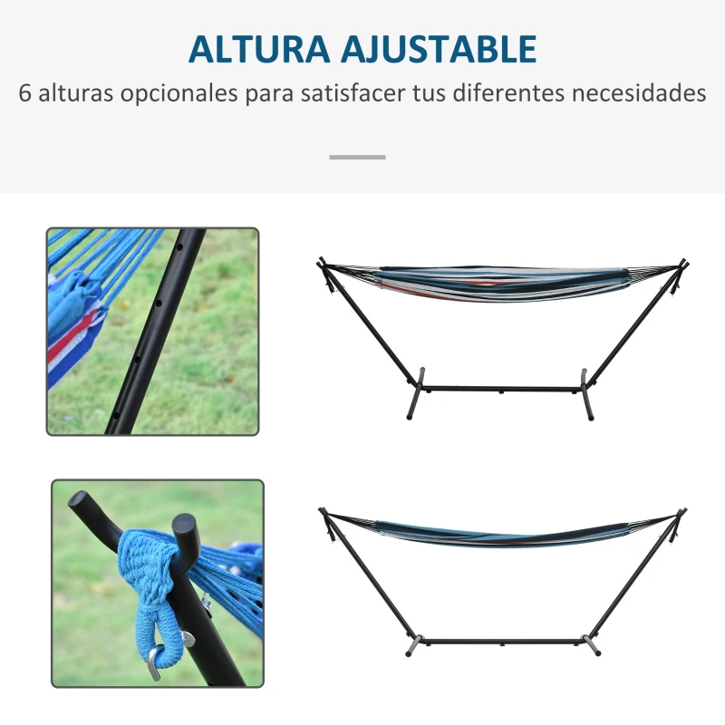 Outsunny Hamaca con Soporte 310x117cm para Camping con Altura Ajustable y Bolsa de Transporte Carga 120 kg Rayas Azul y Blanco