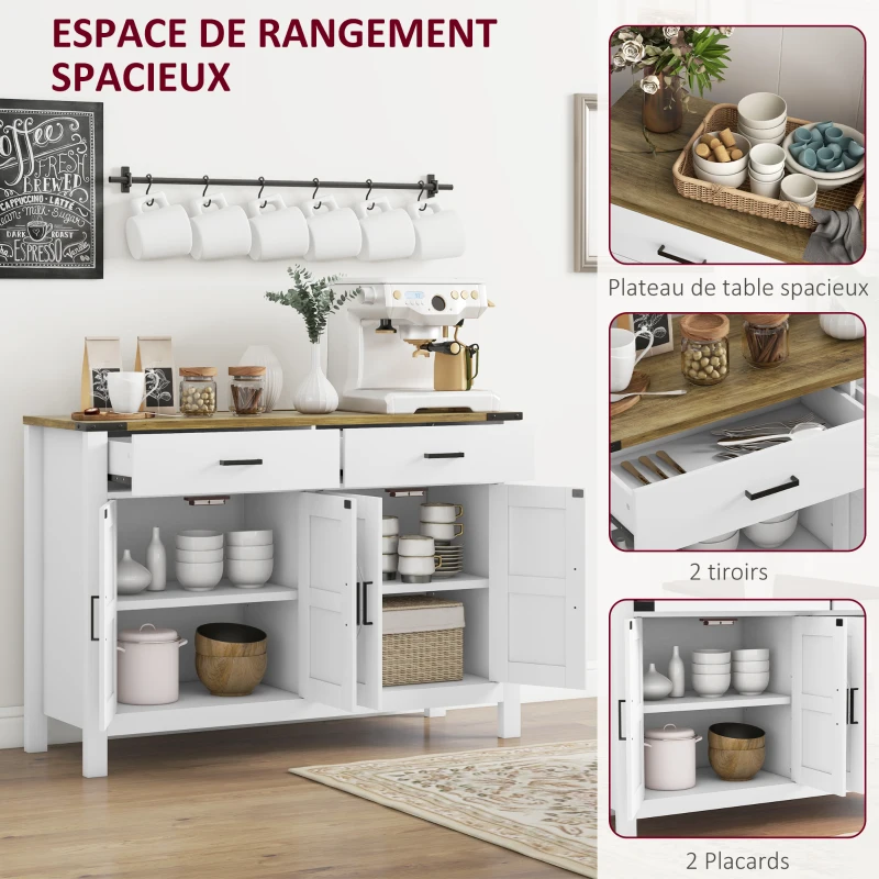 HOMCOM Buffet meuble de rangement style rural 2 tiroirs et 2 placards avec étagères réglables, 120 x 39,3 x 82,5 cm, blanc