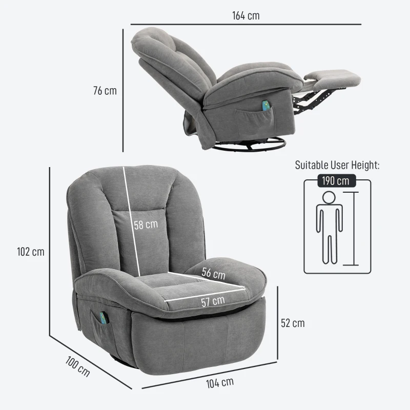 HOMCOM Relaxfauteuil, TV-fauteuil met Ligfunctie, Schommel- en Draaibaar, met Voetsteun, Grijs(m-3)
