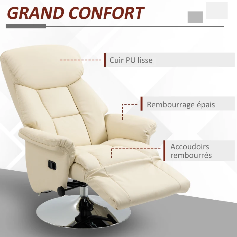HOMCOM Fauteuil de relaxation inclinable pivotant repose-pied réglable, jusqu'à 150 kg, pour salon, chambre, home cinéma, crème
