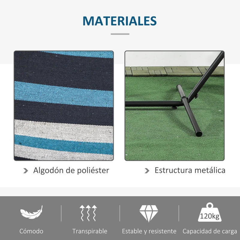 Outsunny Hamaca con Soporte 310x117cm para Camping con Altura Ajustable y Bolsa de Transporte Carga 120 kg Rayas Azul y Blanco