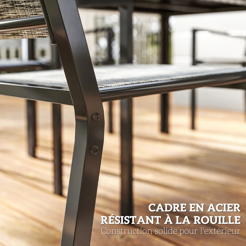 Outsunny Table de jardin extérieure avec 6 chaises empilables, plateau à lattes 150 cm, structure en acier anti-rouille, noir