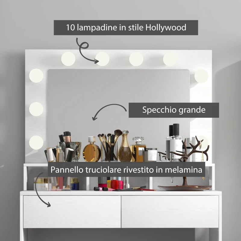 HOMCOM Tavolo da Trucco con Specchio e 10 Luci LED Regolabili, 2 Cassetti e 3 Scomparti, 80x40x135 cm, Bianco