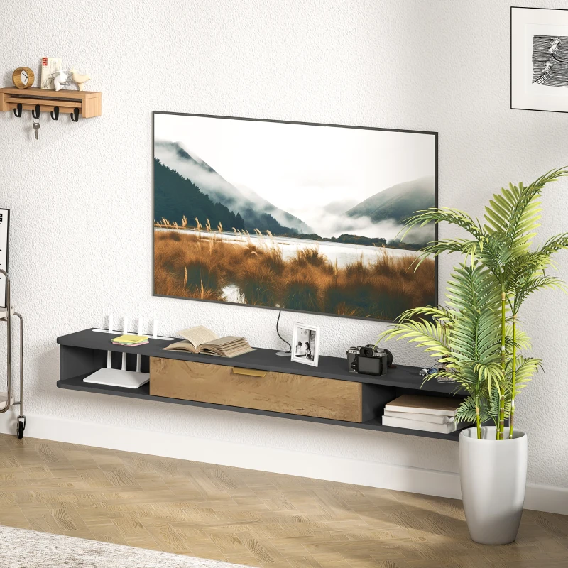 HOMCOM Meuble TV suspendu avec compartiments ouverts, porte rabattable et passe-câbles, 160 x 24 x 16 cm, gris