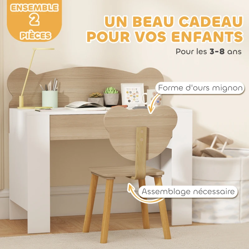 AIYAPLAY Ensemble bureau et chaise pour enfant 3 à 8 ans avec tiroir, effet bois naturel
